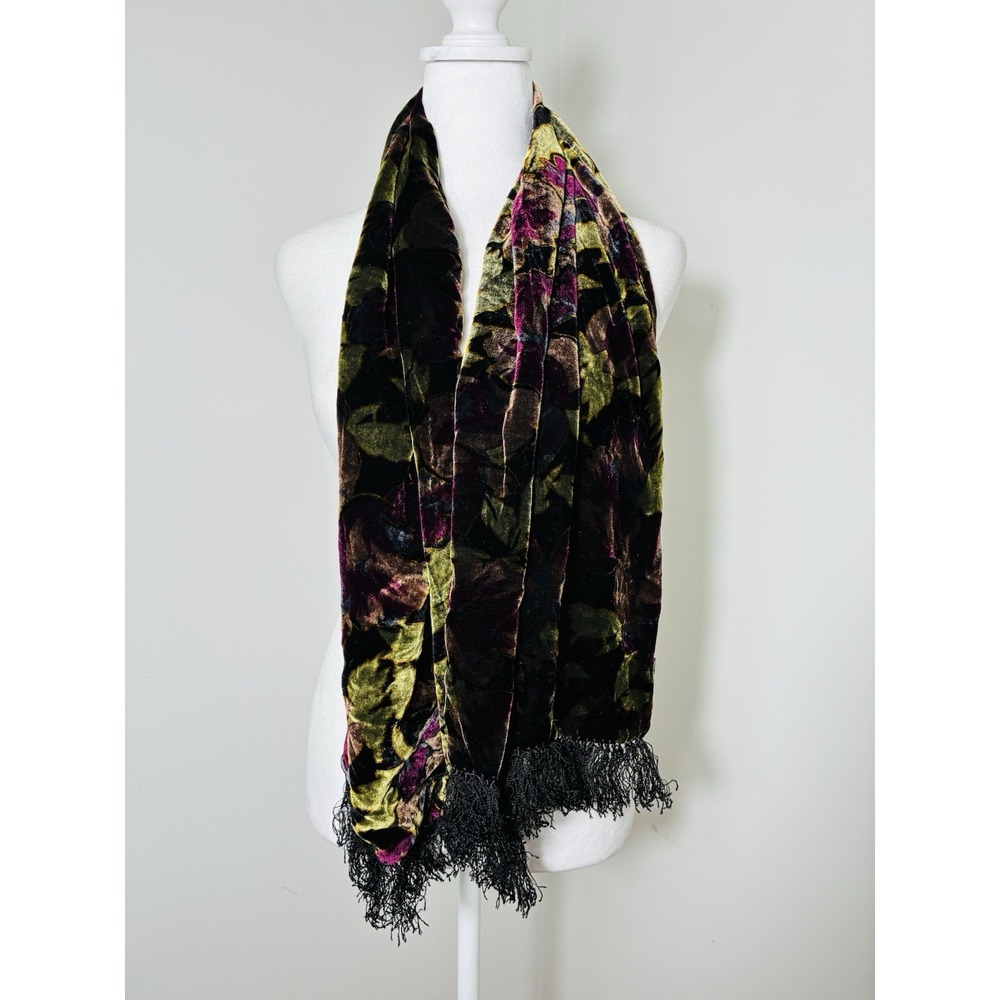 Velvet 100% Silk Rectangular Floral Scarf With Tassles Dark Fairy Ethereal